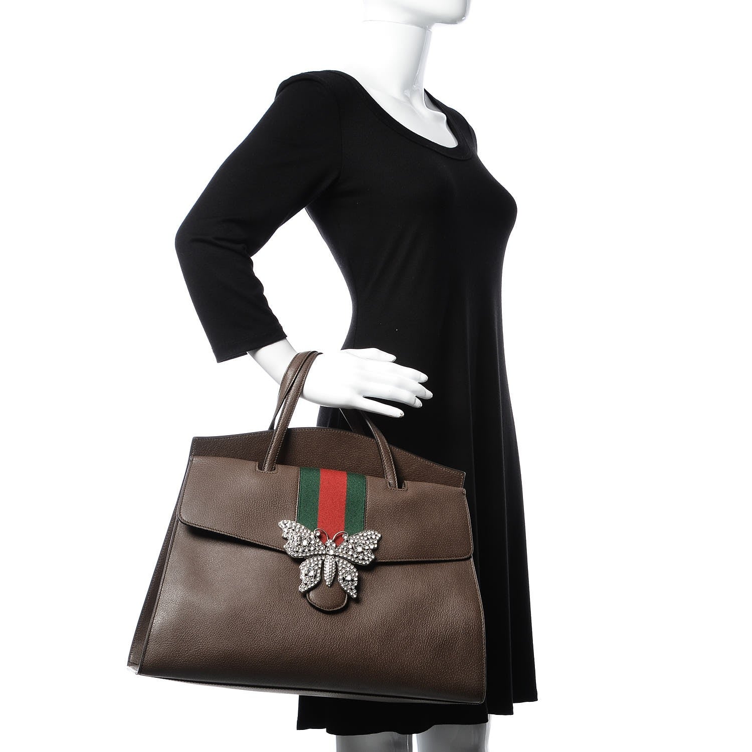 Gucci Textured Calfskin Web Crystal Butterfly Stripe Large Totem Top Handle Bag New Acero 3 of 10