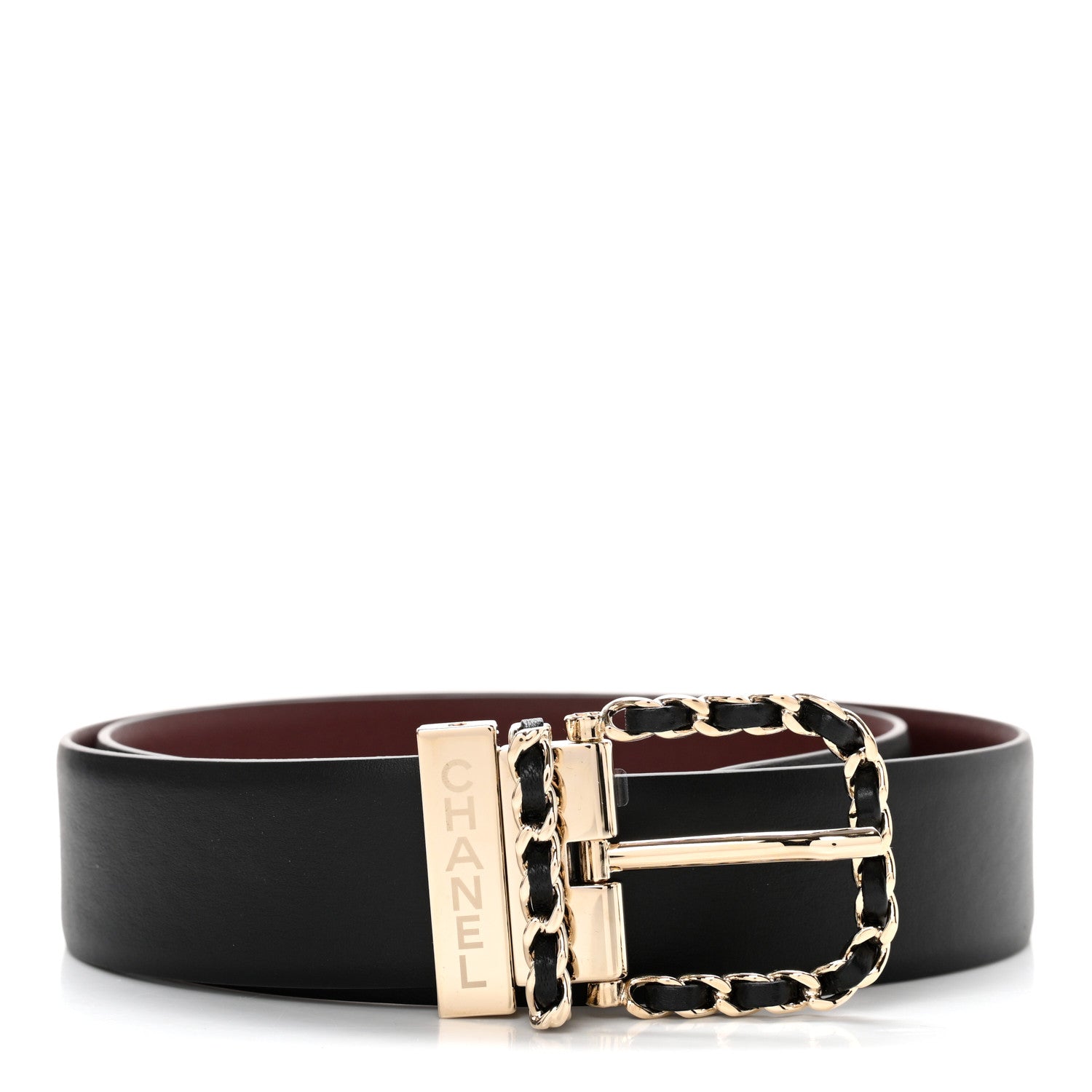 Chanel Calfskin Lambskin Metal Chain Reversible Belt 70 28 Black Burgundy 1 of 9