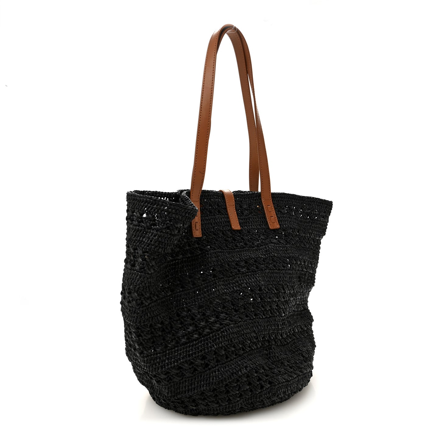 Raffia Calfskin Medium Panier Tote Black