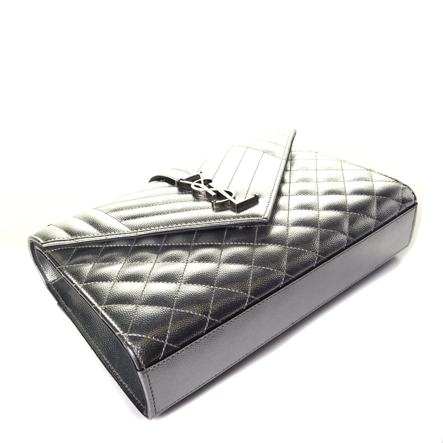 Metallic Grain De Poudre Textured Mixed Matelasse Triquilt Medium Monogram Satchel Silver