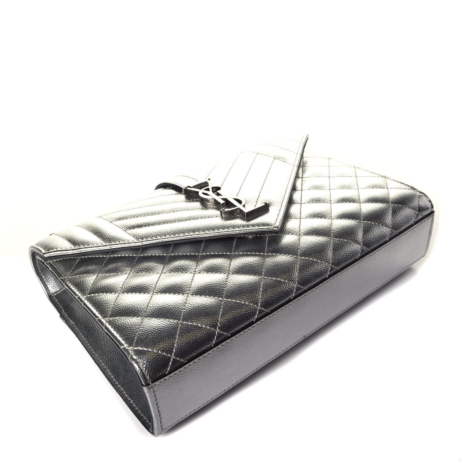 Saint Laurent Metallic Grain De Poudre Textured Mixed Matelasse Triquilt Medium Monogram Satchel Silver 4 of 8