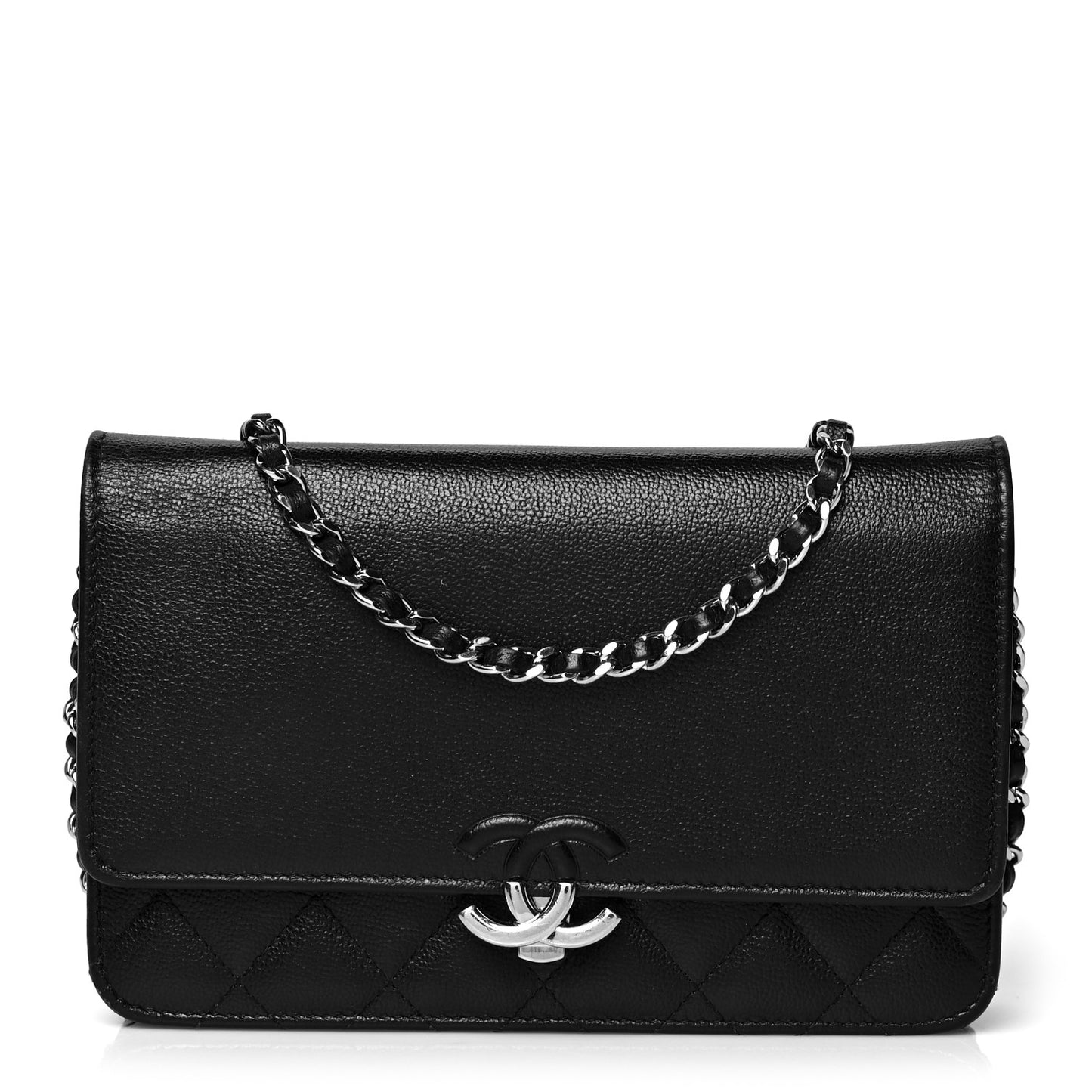 Grained Calfskin Quilted CC Box Wallet On Chain WOC Black