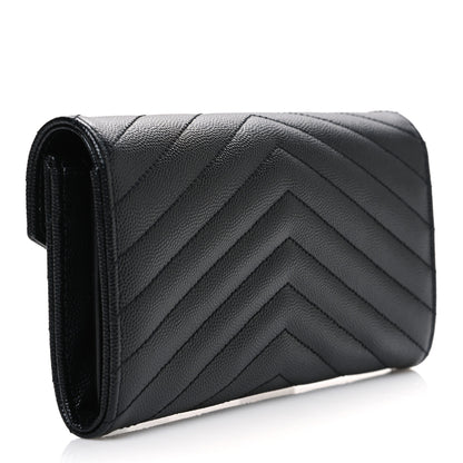 Saint Laurent Grain De Poudre Matelasse Chevron Monogram Flap Wallet Black 3 of 7