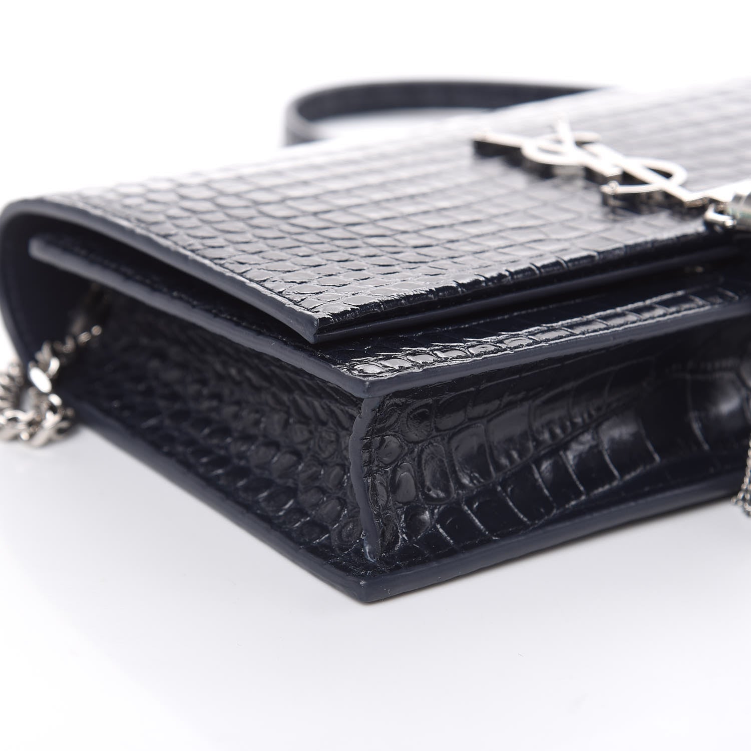 Mansur Gavriel Calfskin Crocodile Embossed Kate Monogram Tassel Chain Wallet Deep Marine 7 of 9