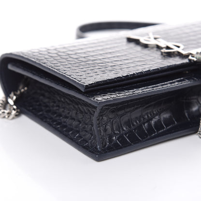 Mansur Gavriel Calfskin Crocodile Embossed Kate Monogram Tassel Chain Wallet Deep Marine 7 of 9