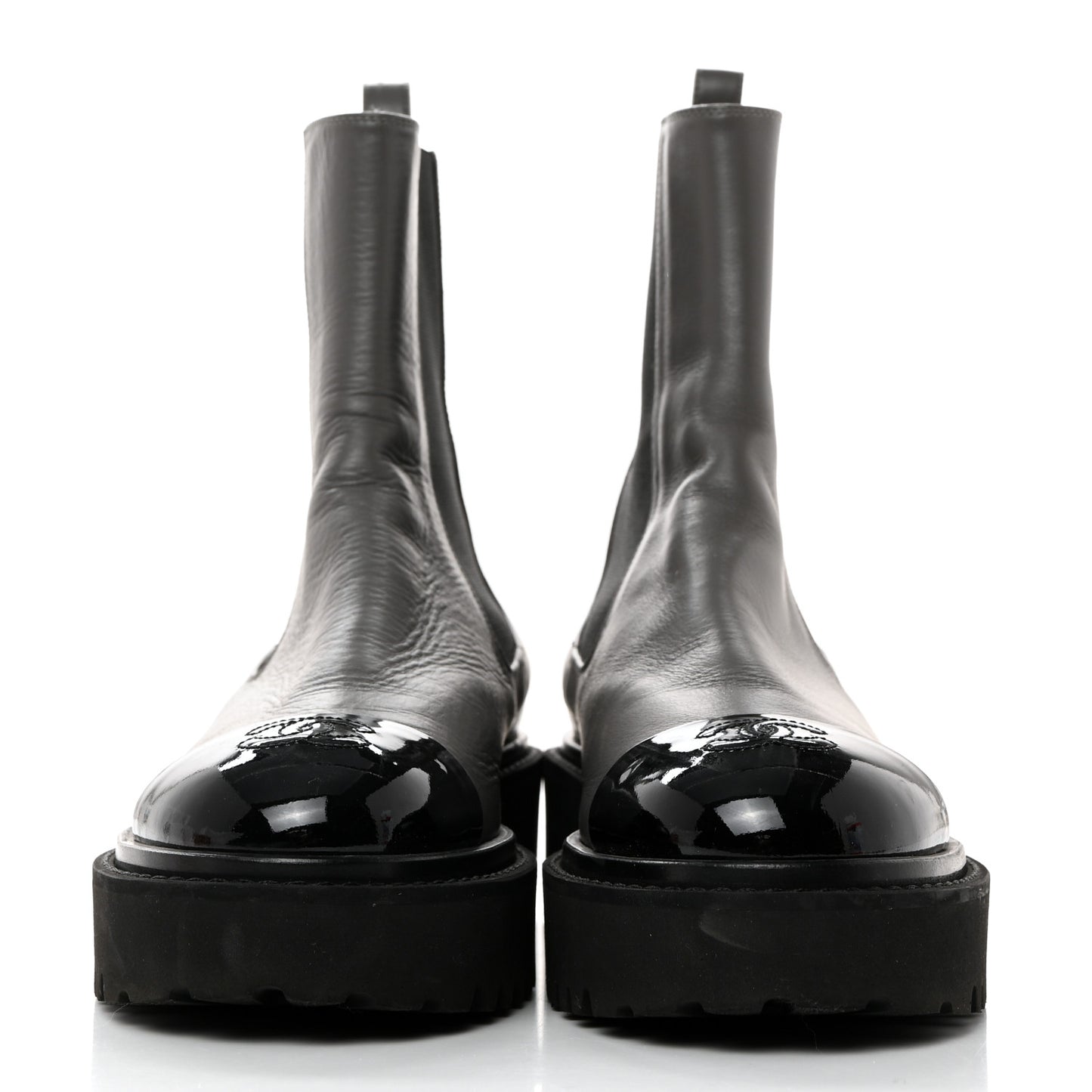 Crumpled Calfskin Patent Cap Toe Short Boots 38 Dark Grey Black