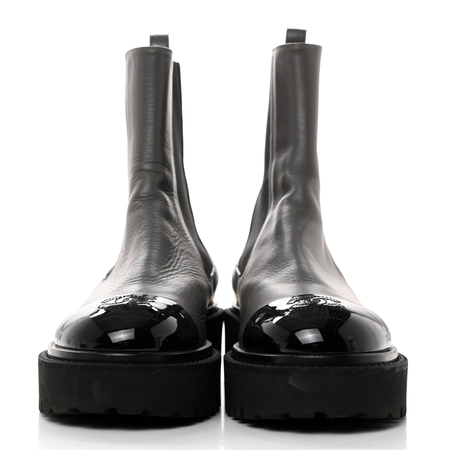 Chanel Crumpled Calfskin Patent Cap Toe Short Boots 38 Dark Grey Black 2 of 9