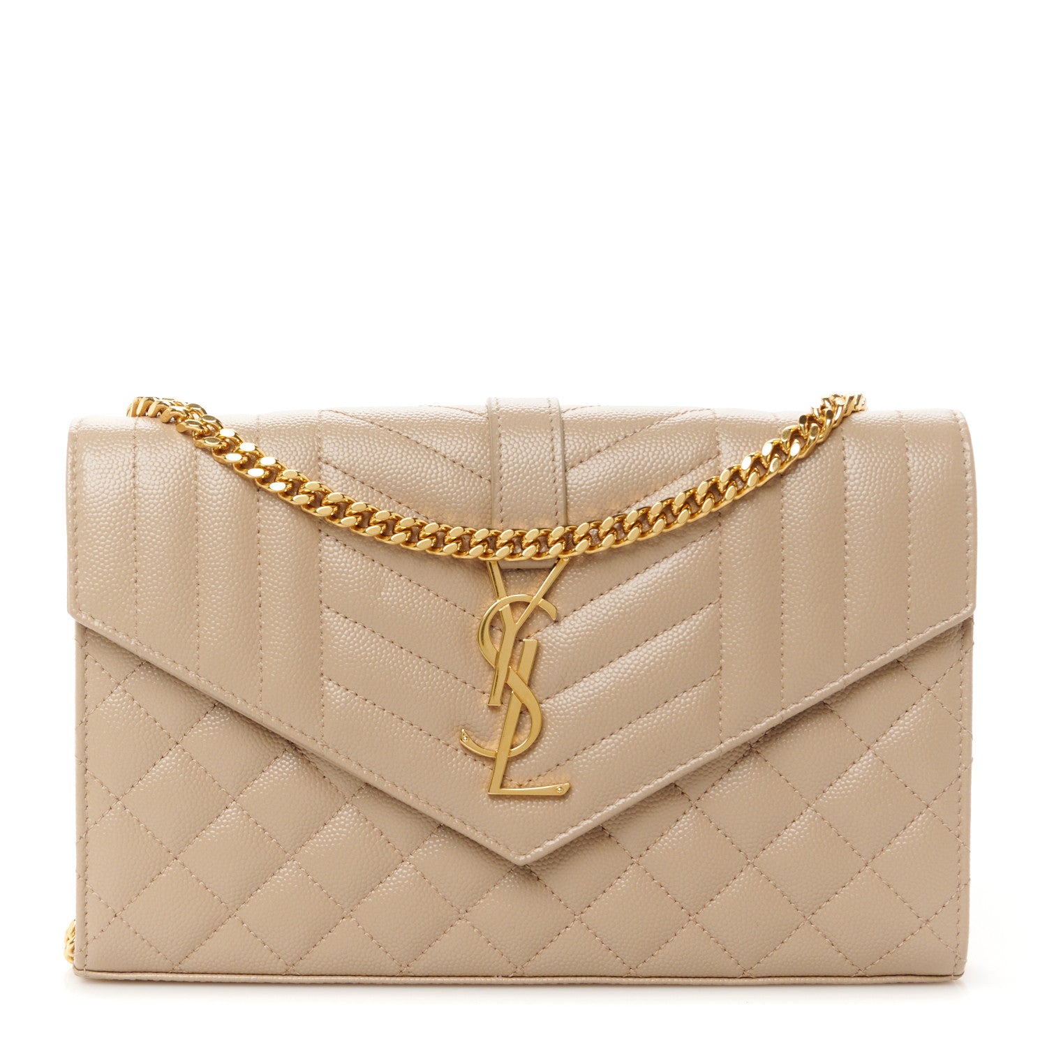 Saint Laurent Grain De Poudre Mixed Matelasse Triquilt Monogram Chain Wallet Dark Beige 1 of 10