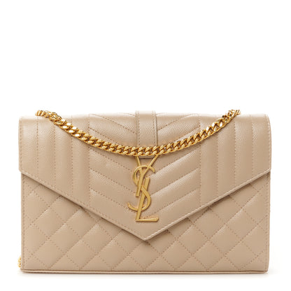 Saint Laurent Grain De Poudre Mixed Matelasse Triquilt Monogram Chain Wallet Dark Beige 1 of 10