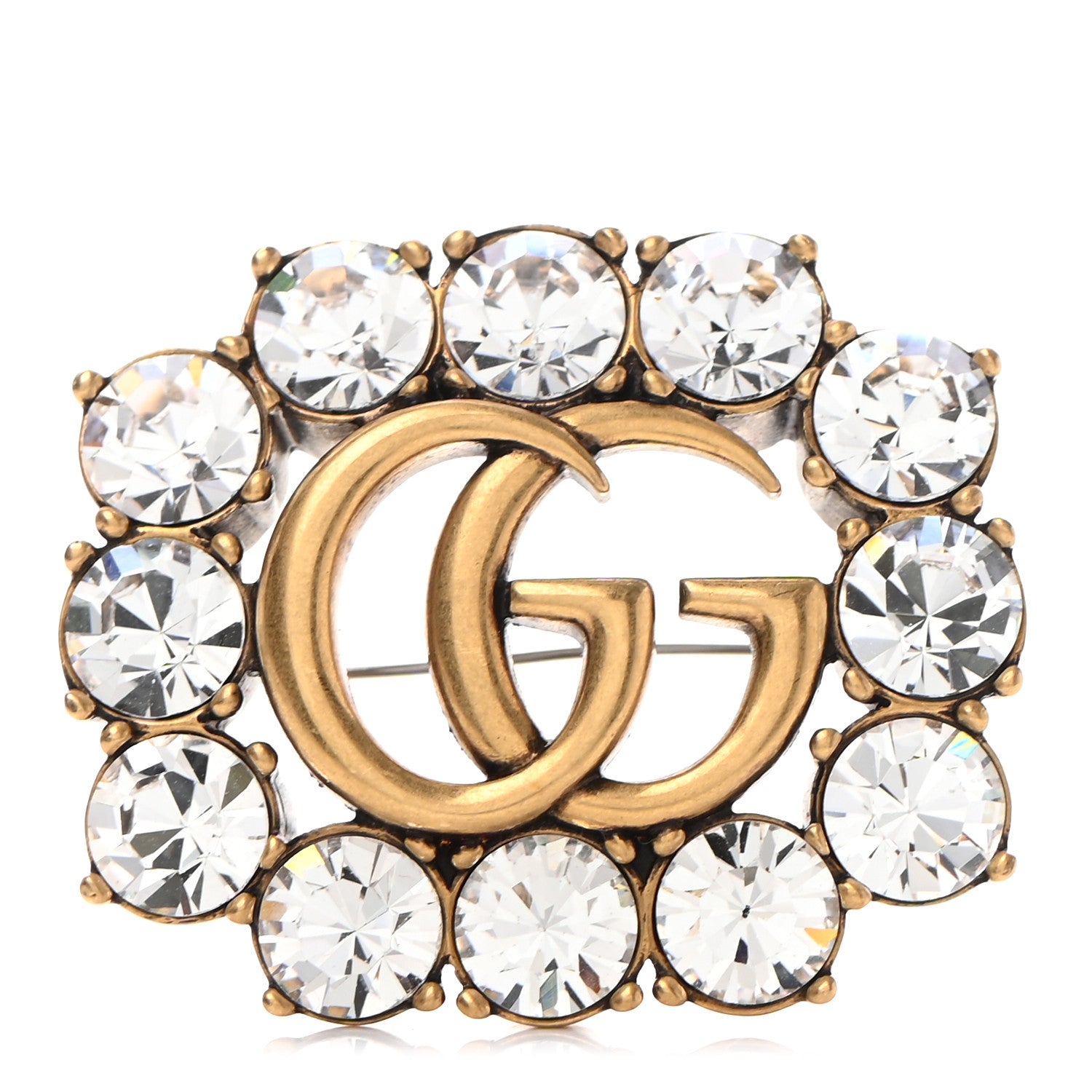 Gucci Metal Crystal Double G Brooch Aged Gold 1 of 5