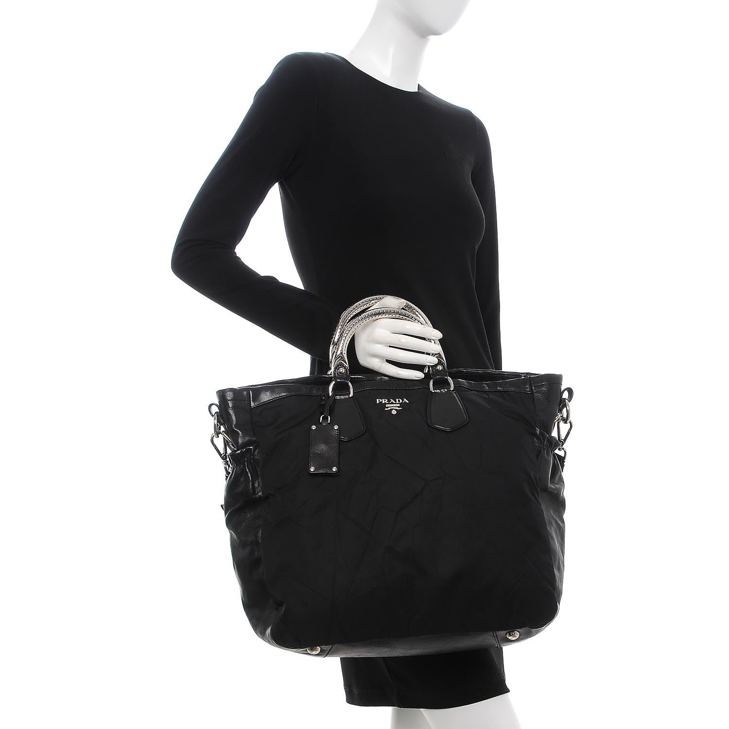 Prada Tessuto Nylon Calfskin Shoulder Bag Black 2 of 13