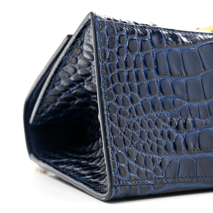 Balenciaga Shiny Calfskin Crocodile Embossed Small Hourglass Top Handle Bag Navy 9 of 10