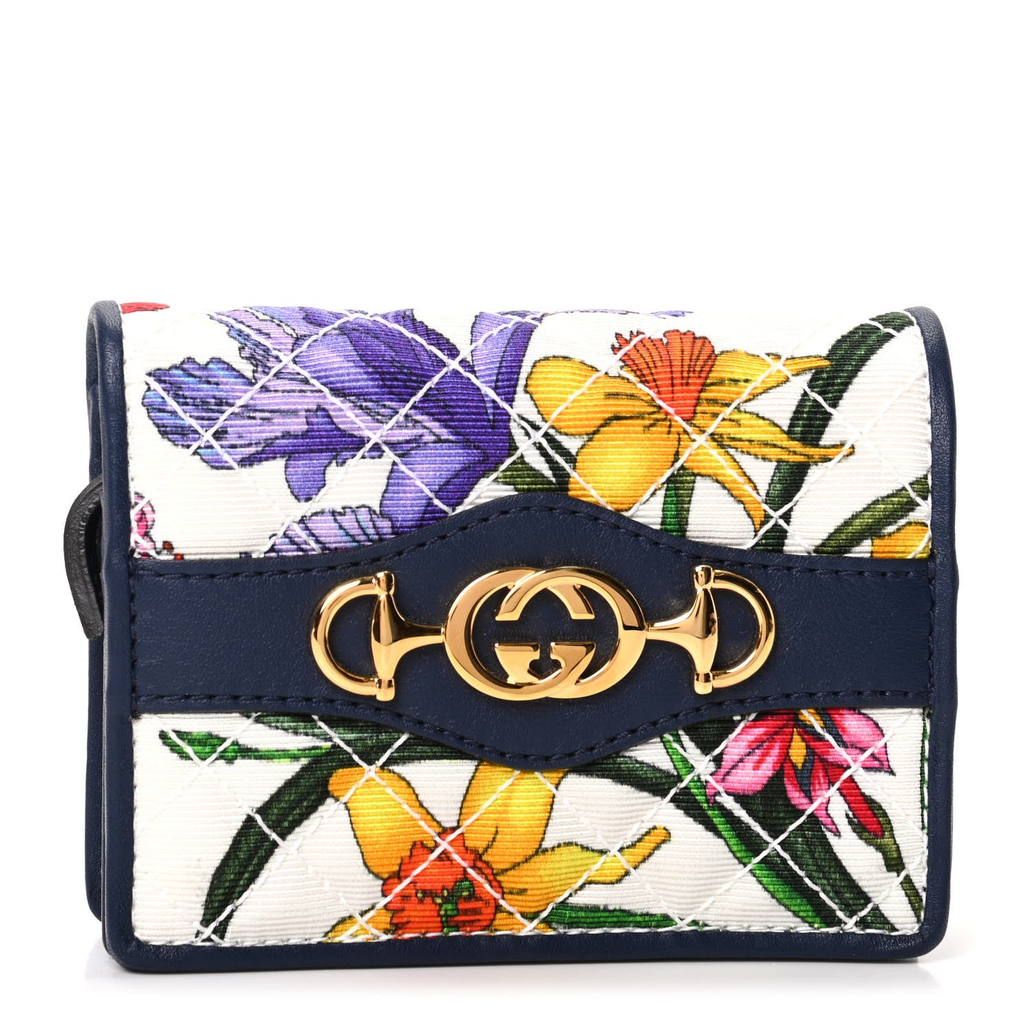 Gucci Canvas Flora Floral Trapuntata Zumi Card Case Wallet Great White Multicolor Blue Agata 1 of 8