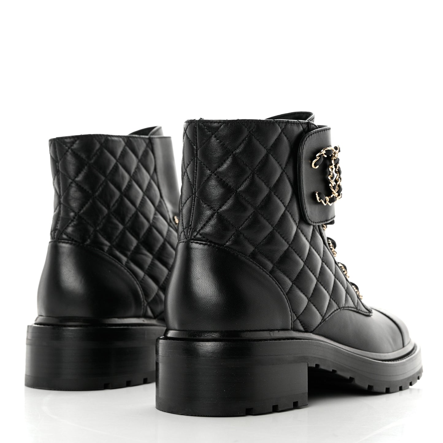 Shiny Lambskin Quilted Lace Up Combat Boots 39 Black