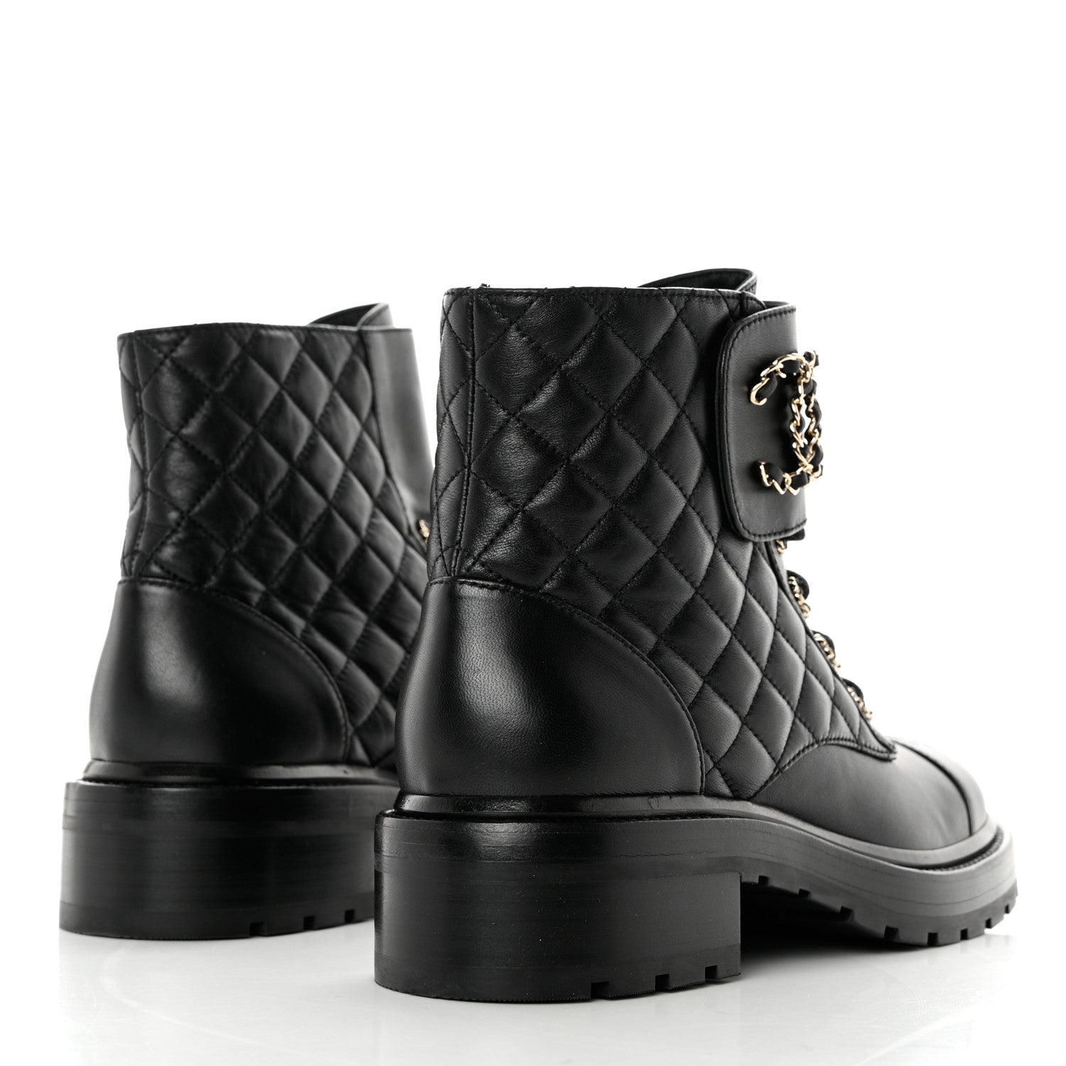 Chanel Shiny Lambskin Quilted Lace Up Combat Boots 39 Black 4 of 10