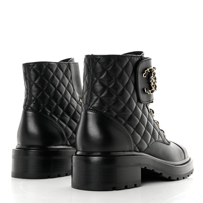 Chanel Shiny Lambskin Quilted Lace Up Combat Boots 39 Black 4 of 10