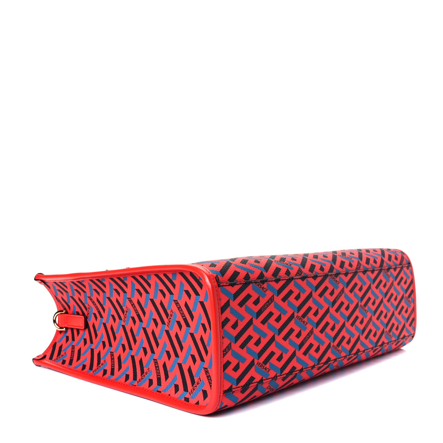 Versace Coated Canvas Calfskin La Greca Signature Tote Bag Blue Red 5 of 9
