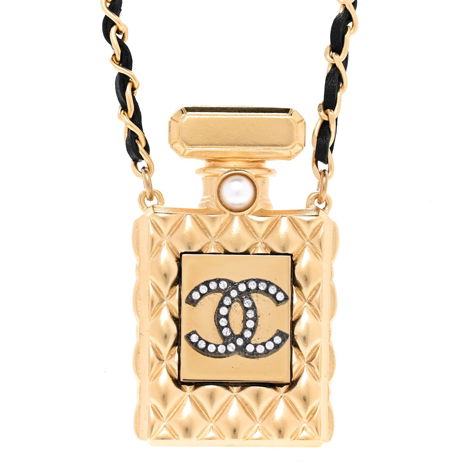 Chanel Crystal Pearl Perfume Bottle CC Necklace Black Gold 4 of 7