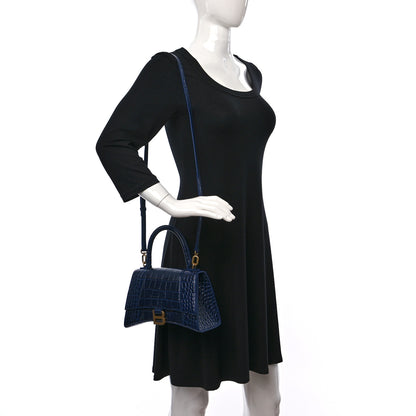Balenciaga Shiny Calfskin Crocodile Embossed Small Hourglass Top Handle Bag Navy 2 of 9