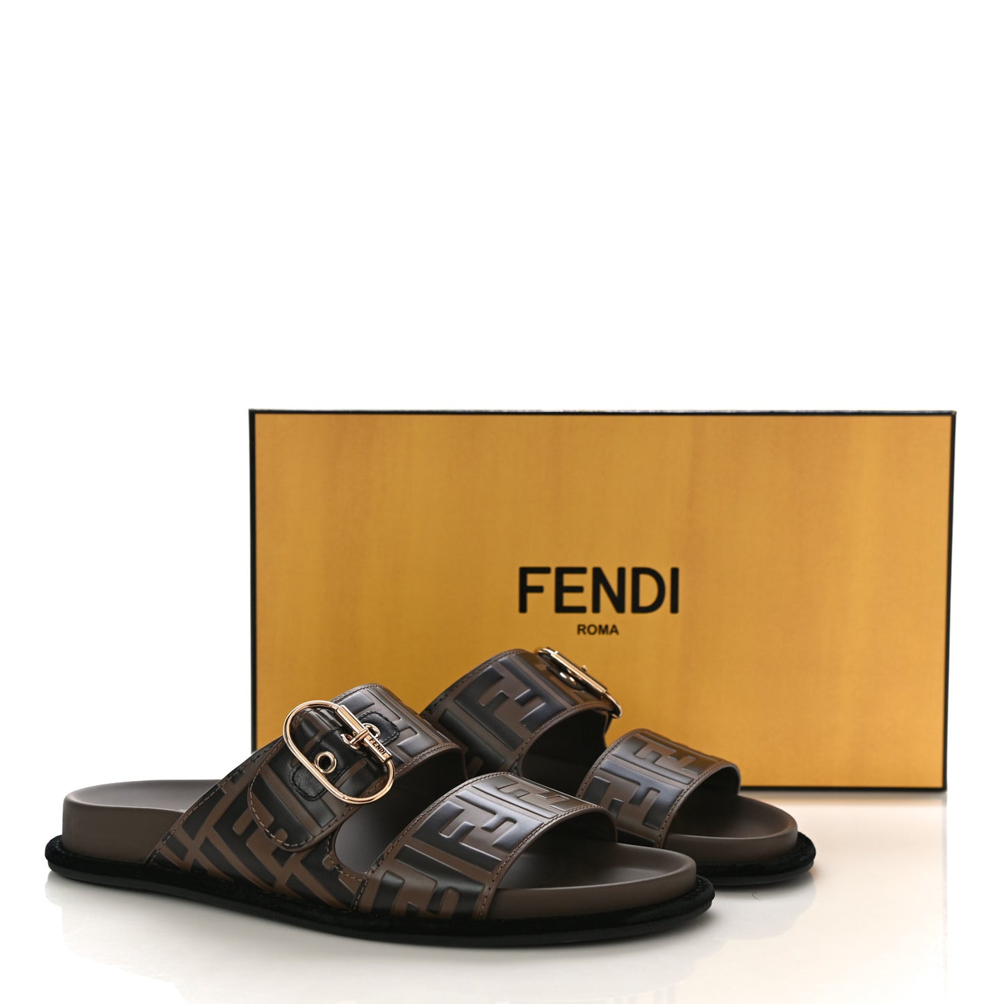 Calfskin FF Embossed Slide Sandals 40.5 Maya Black