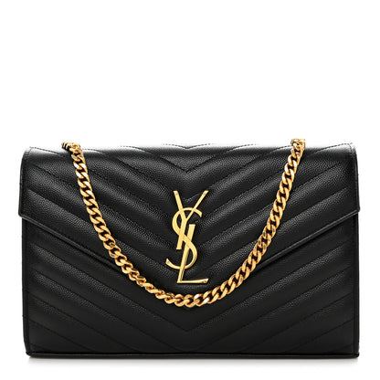 Saint Laurent Grain De Poudre Matelasse Chevron Monogram Chain Wallet Black 1 of 10