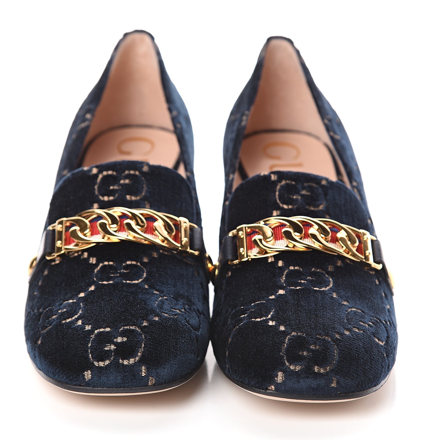 Gucci Velvet GG Monogram Sylvie Web Chain Mid Heel Loafers 40 Blue Beige 2 of 7