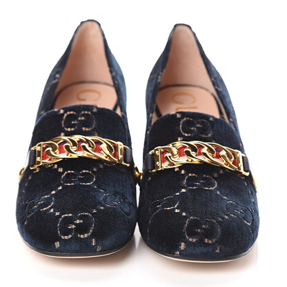 Gucci Velvet GG Monogram Sylvie Web Chain Mid Heel Loafers 40 Blue Beige 2 of 7