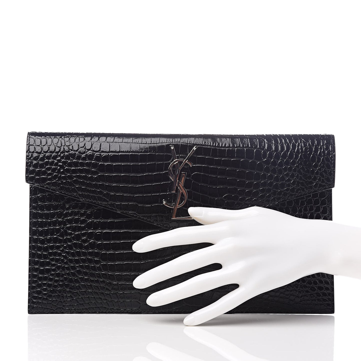 Calfskin Crocodile Embossed Uptown Monogram Clutch Black