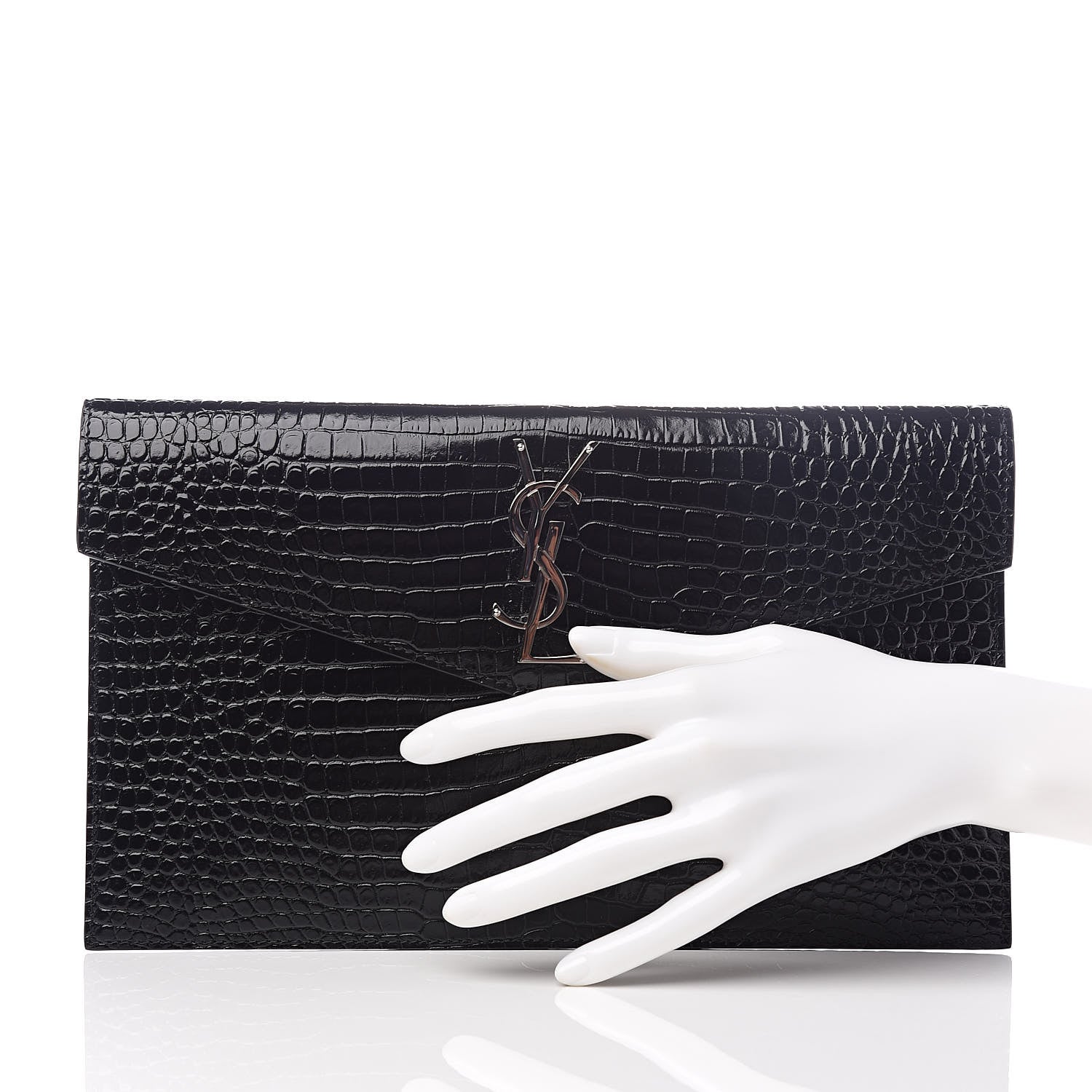 Saint Laurent Calfskin Crocodile Embossed Uptown Monogram Clutch Black 2 of 9