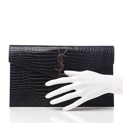 Saint Laurent Calfskin Crocodile Embossed Uptown Monogram Clutch Black 2 of 9