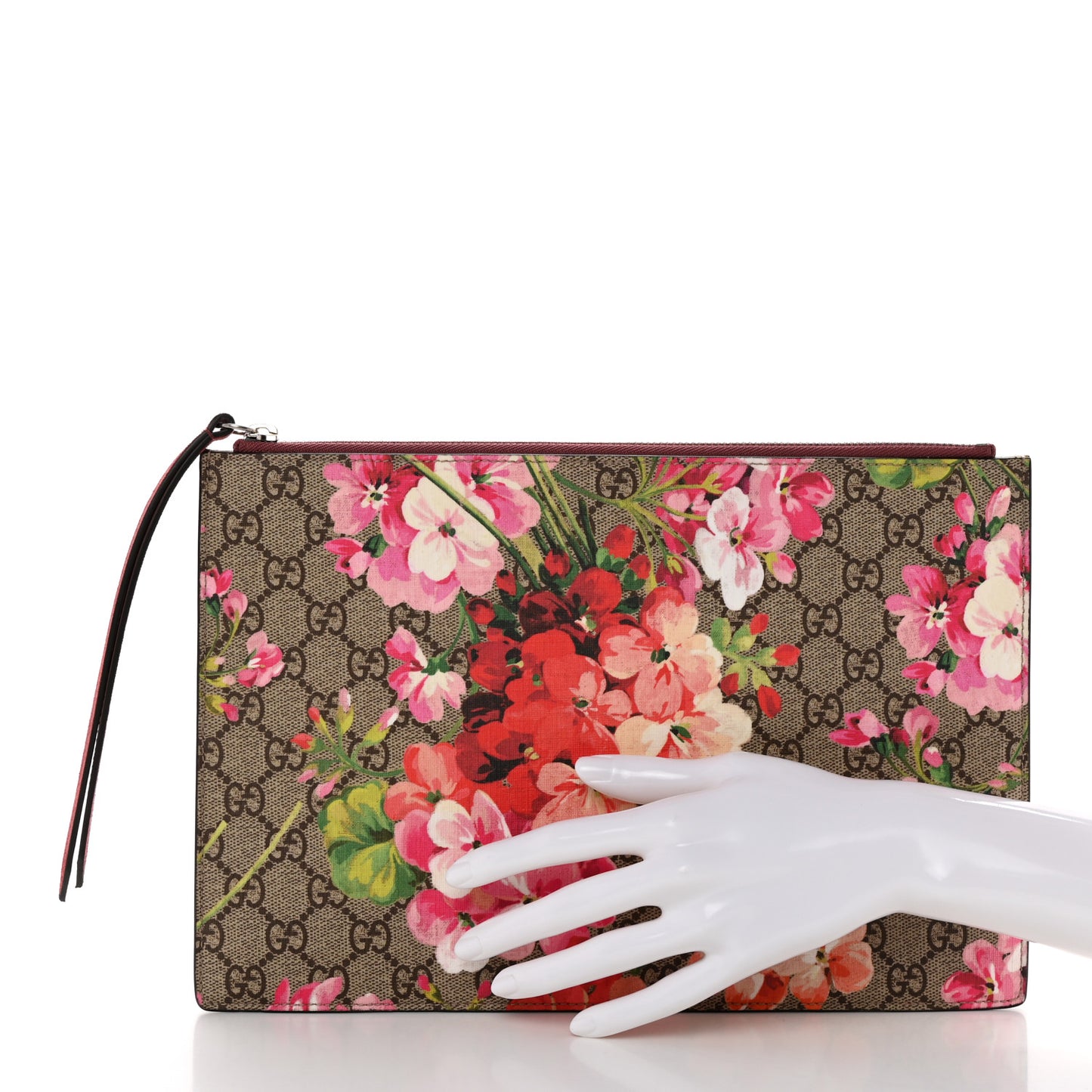 GG Supreme Monogram Blooms Suede Large Zip Pouch Beige Multicolor Dry Rose