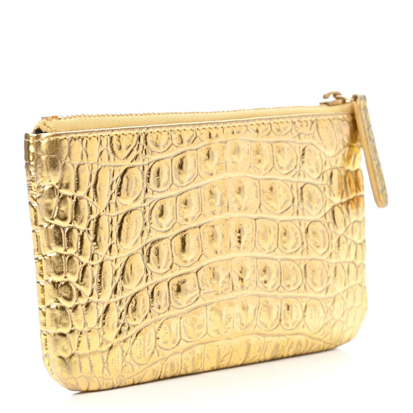 Metallic Calfskin Crocodile Embossed Cocodile Small Cosmetic Case Gold