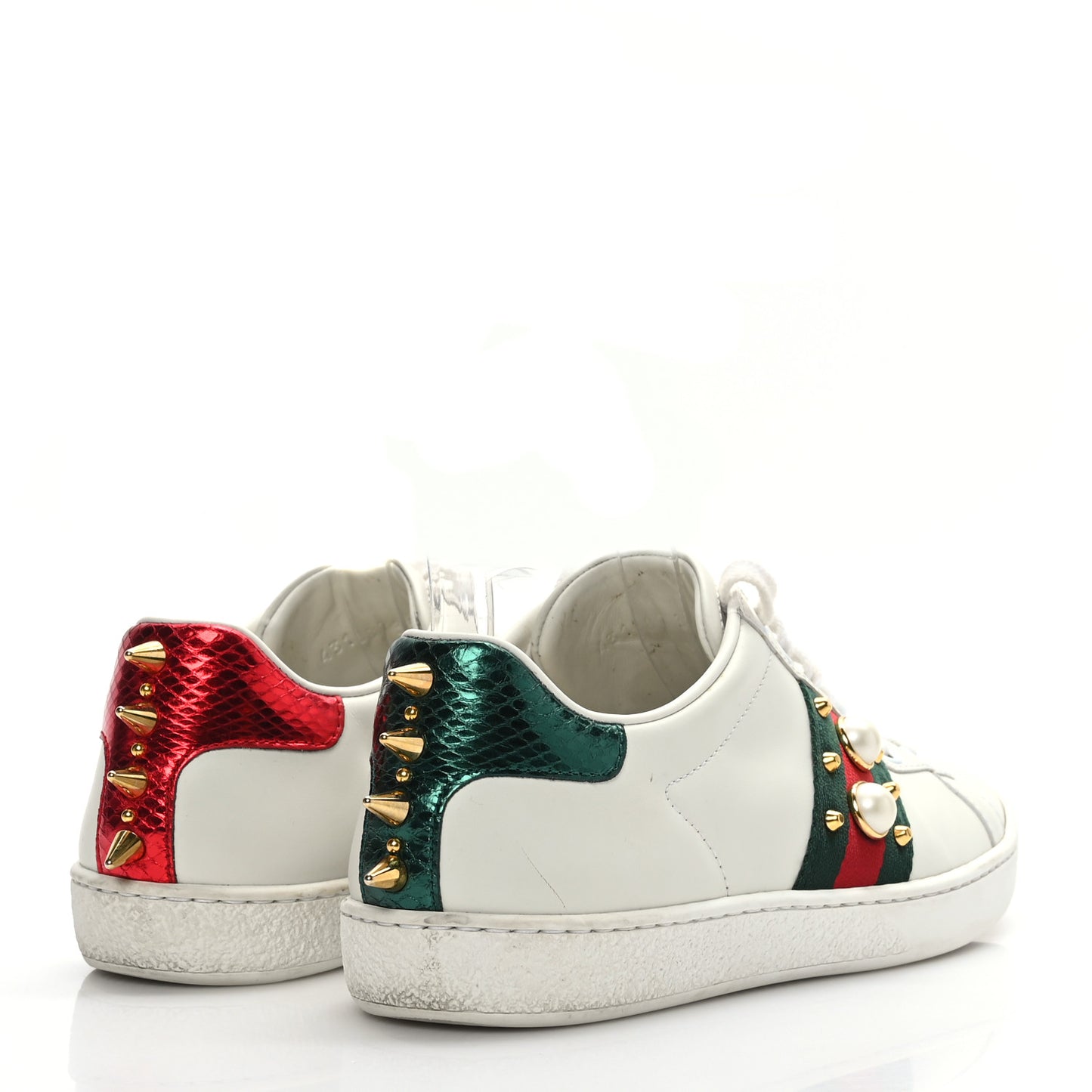Calfskin Web Pearl Studded Womens Ace Sneakers 35.5 White