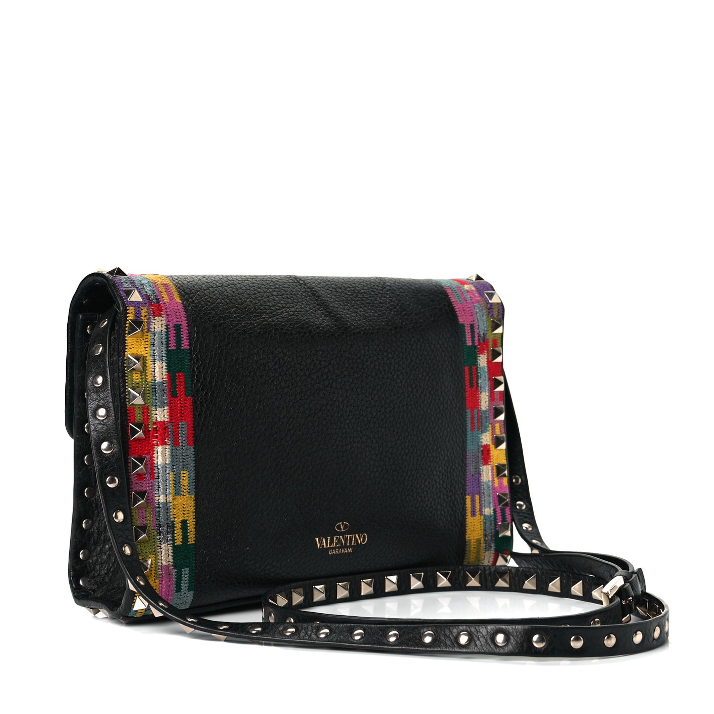Pebbled Calfskin Embroidered Medium Rockstud Flip Lock Crossbody Bag Black