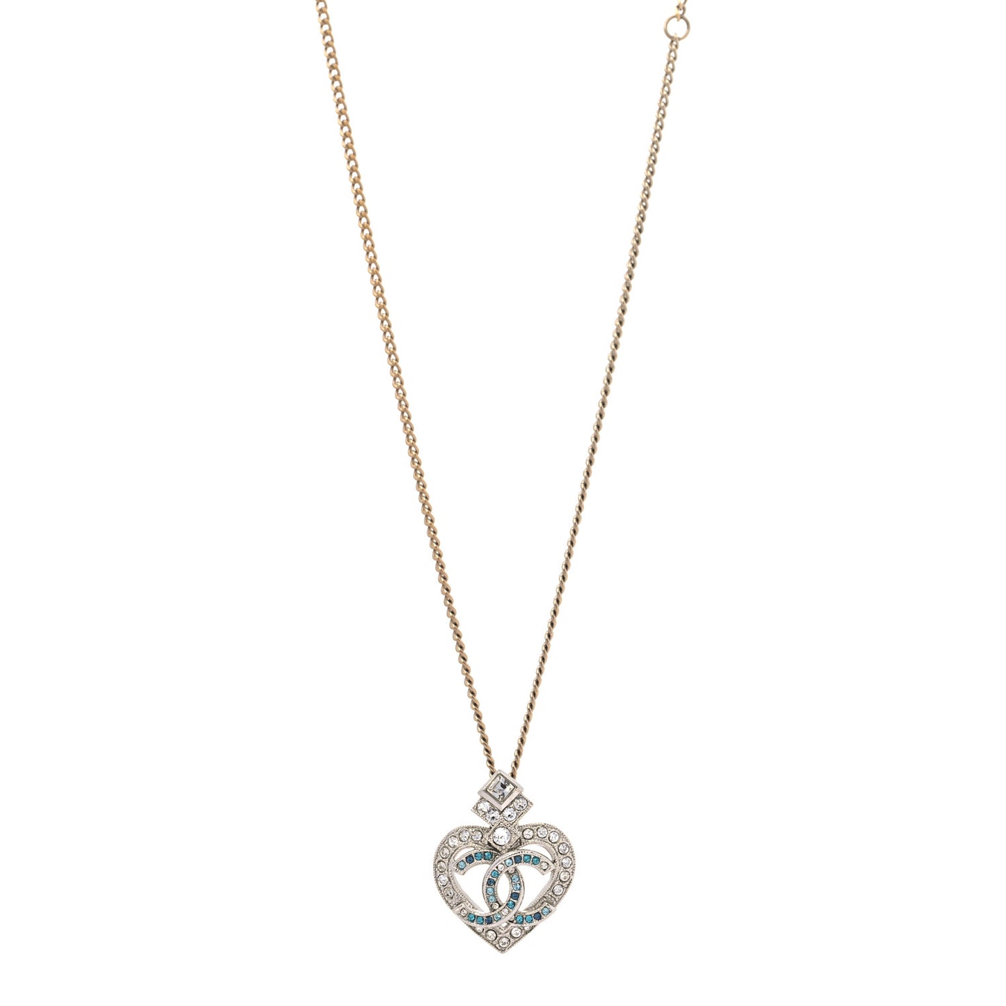 Crystal Heart CC Pendant Necklace Gold Silver Blue