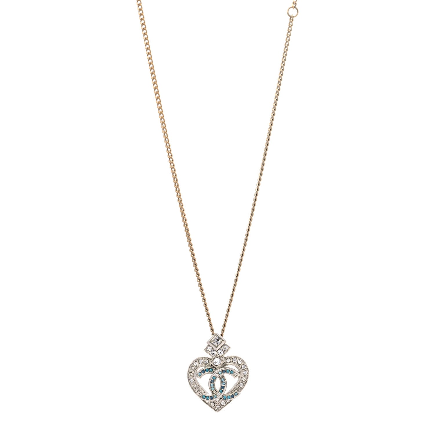 Chanel Crystal Heart CC Pendant Necklace Gold Silver Blue 1 of 6