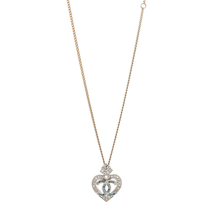 Chanel Crystal Heart CC Pendant Necklace Gold Silver Blue 1 of 6