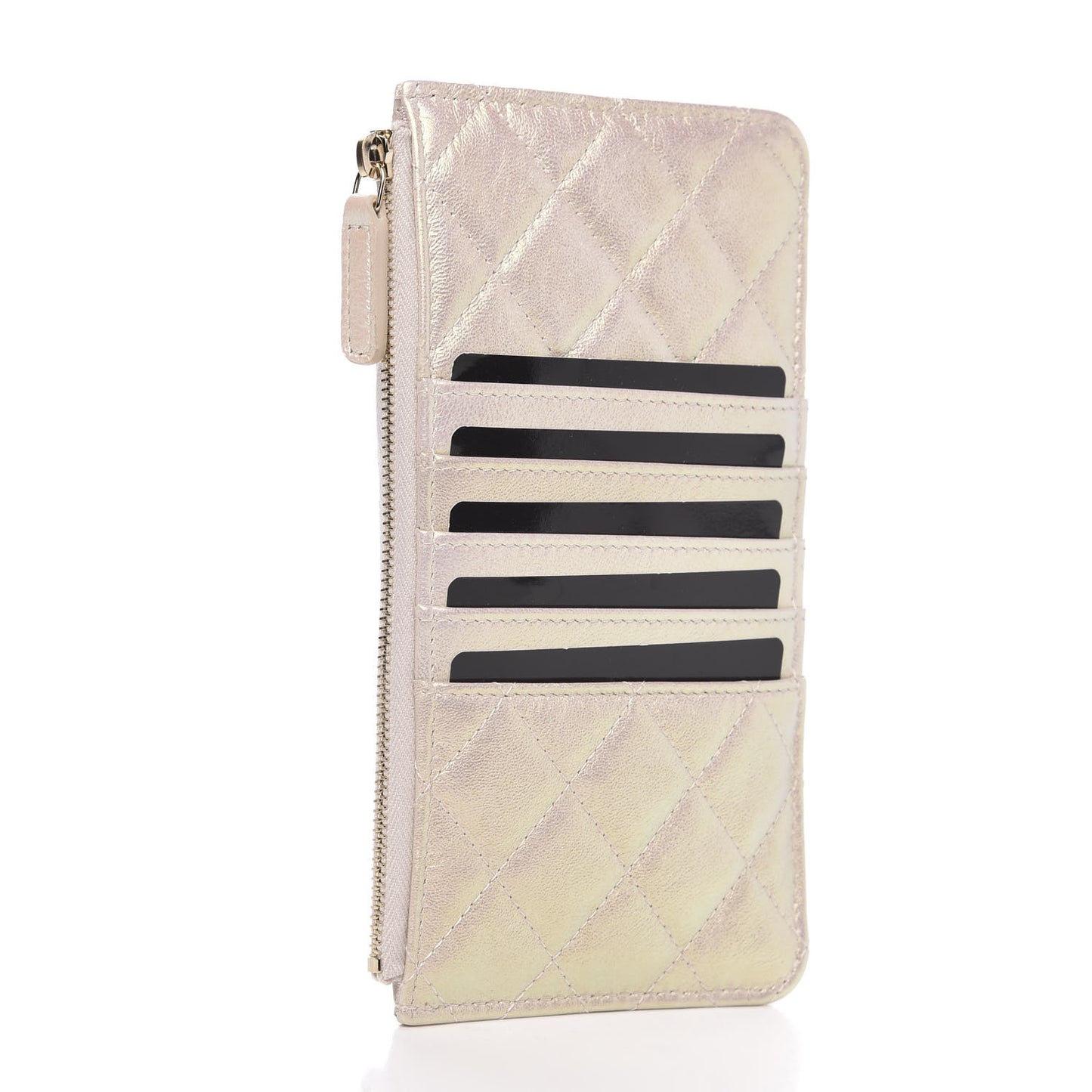 Iridescent Lambskin Quilted Classic Flat Wallet Pouch Ivory