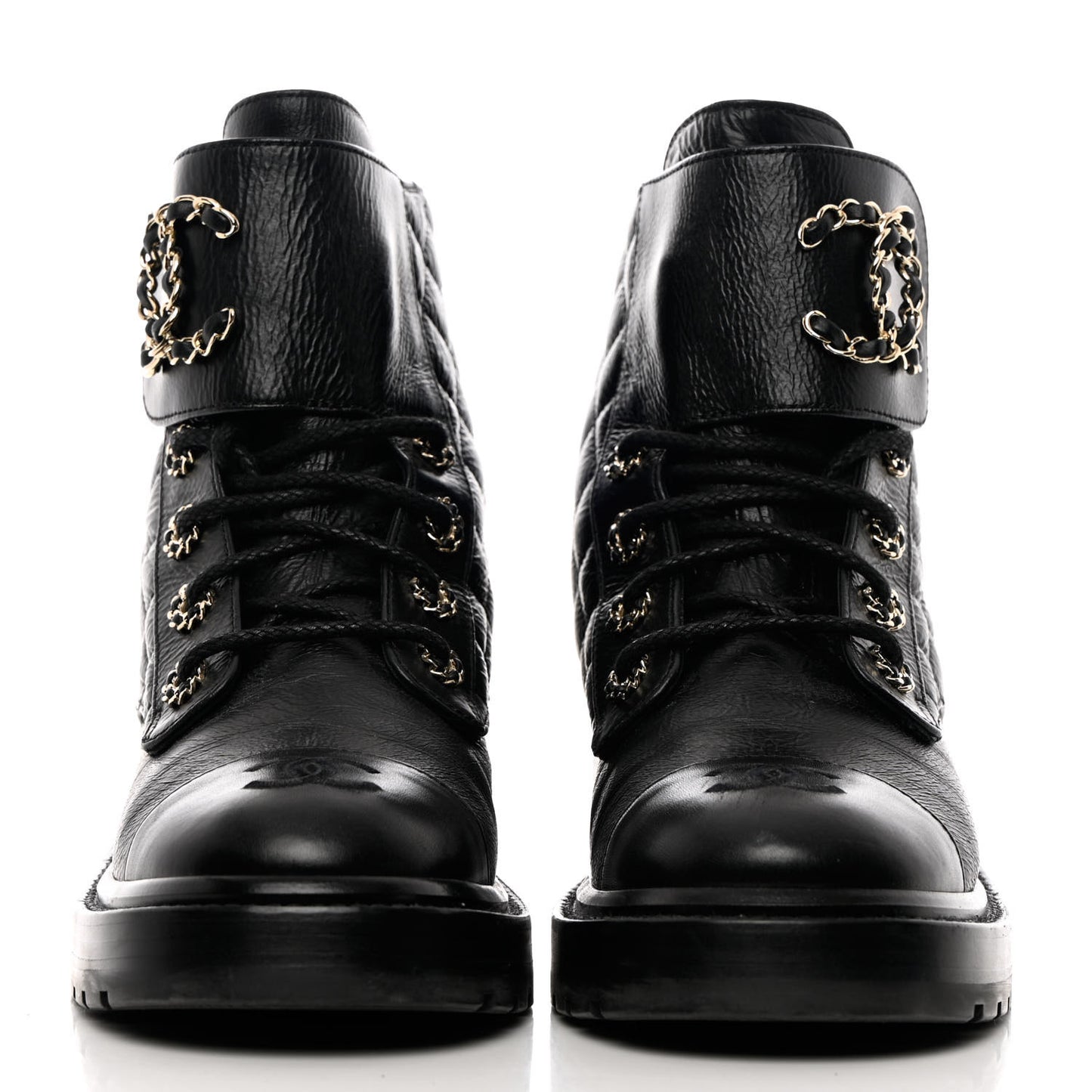 Shiny Calfskin Quilted Lace Up Combat Boots 38 Black