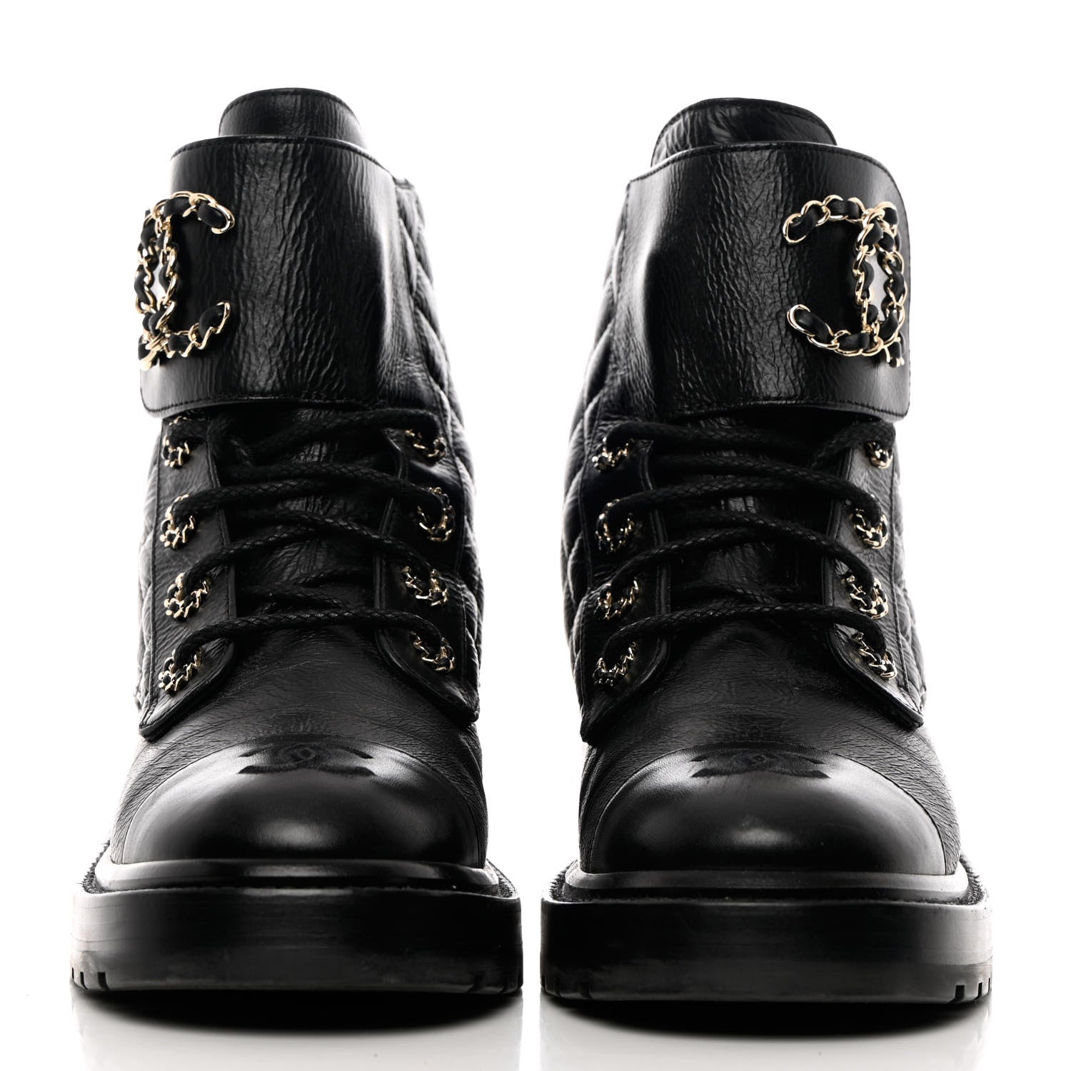 Chanel Shiny Calfskin Quilted Lace Up Combat Boots 38 Black 2 of 11