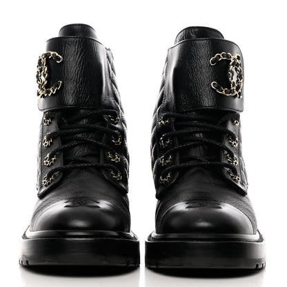 Chanel Shiny Calfskin Quilted Lace Up Combat Boots 38 Black 2 of 11