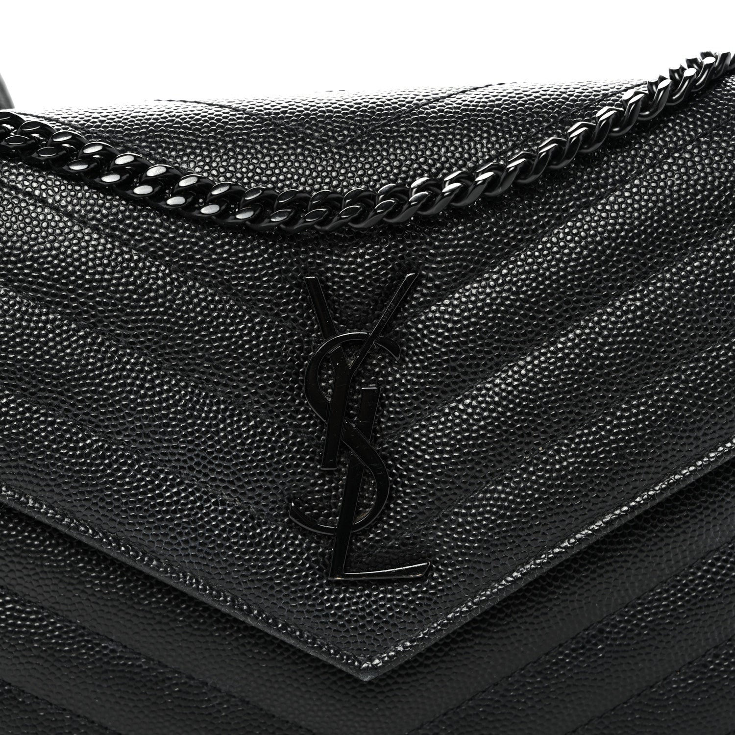 Saint Laurent Grain De Poudre Matelasse Chevron Monogram Monochrome Envelope Chain Wallet Black 7 of 9