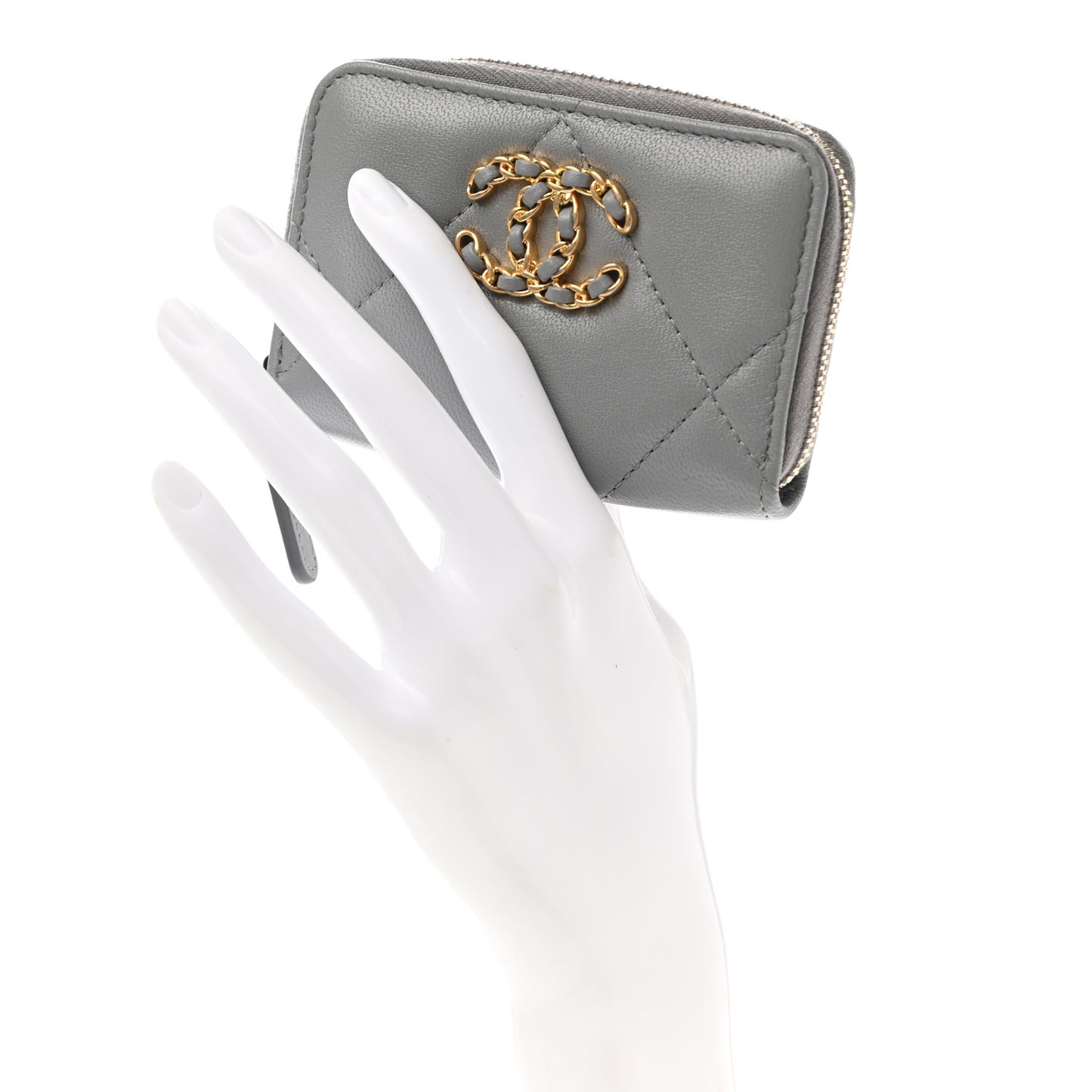 Lambskin Quilted Chanel 19 Zip Around Coin Purse Wallet Grey