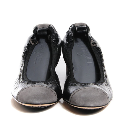 Chanel Lambskin Suede CC Elastic Cap Toe Ballerina Pumps 38 Black Grey 2 of 6