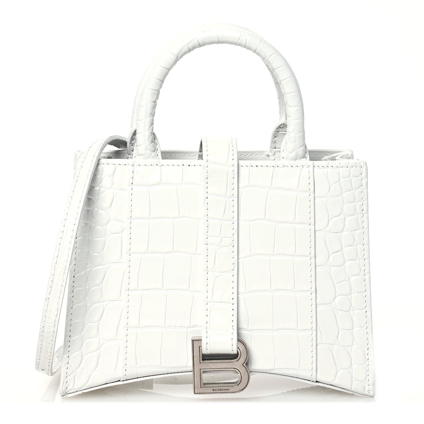 Shiny Calfskin Crocodile Embossed XXS Hourglass East West Tote White