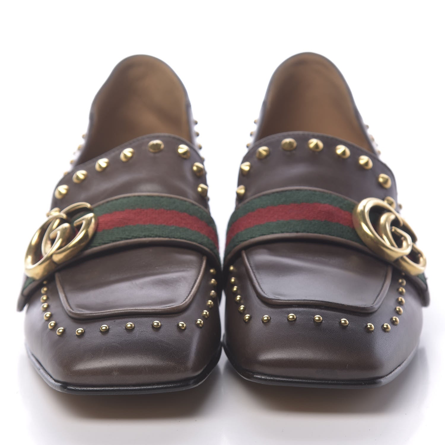 Gucci Calfskin Web Studded Peyton Loafers 35.5 Brown 2 of 11