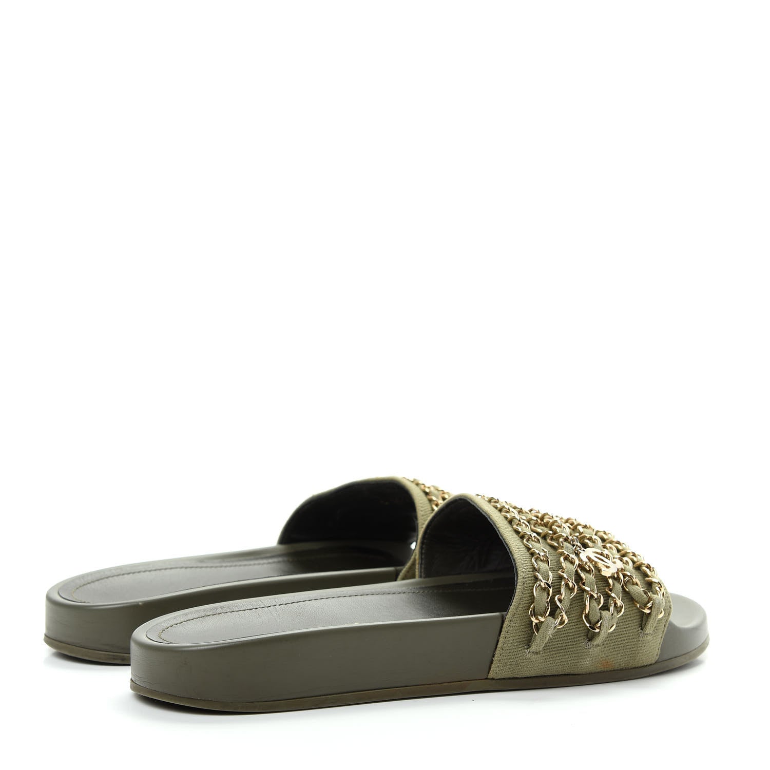 Chanel Canvas Chain Flat Sandals 38 Khaki 4 of 10