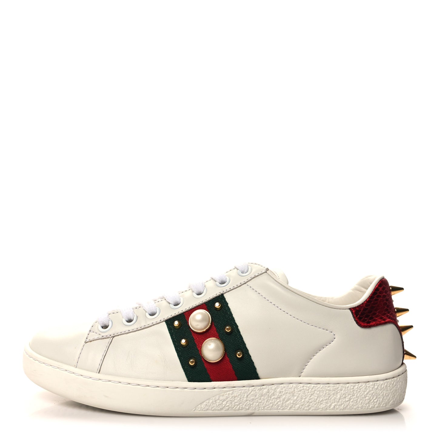 Calfskin Web Pearl Studded Womens Ace Sneakers 35.5 White