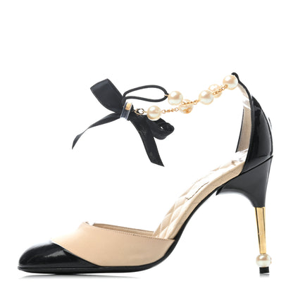 Chanel Patent Lambskin Pearl Cap Toe Sandals 37.5 Black Beige 1 of 5