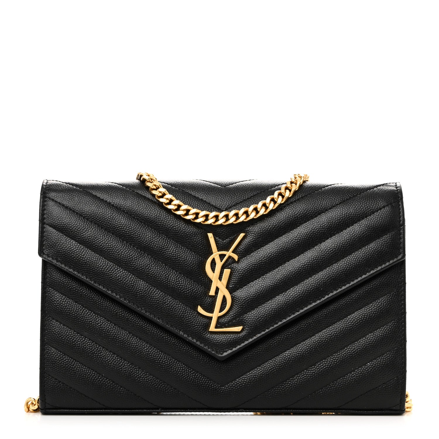 Saint Laurent Grain De Poudre Matelasse Chevron Monogram Chain Wallet Black 1 of 11